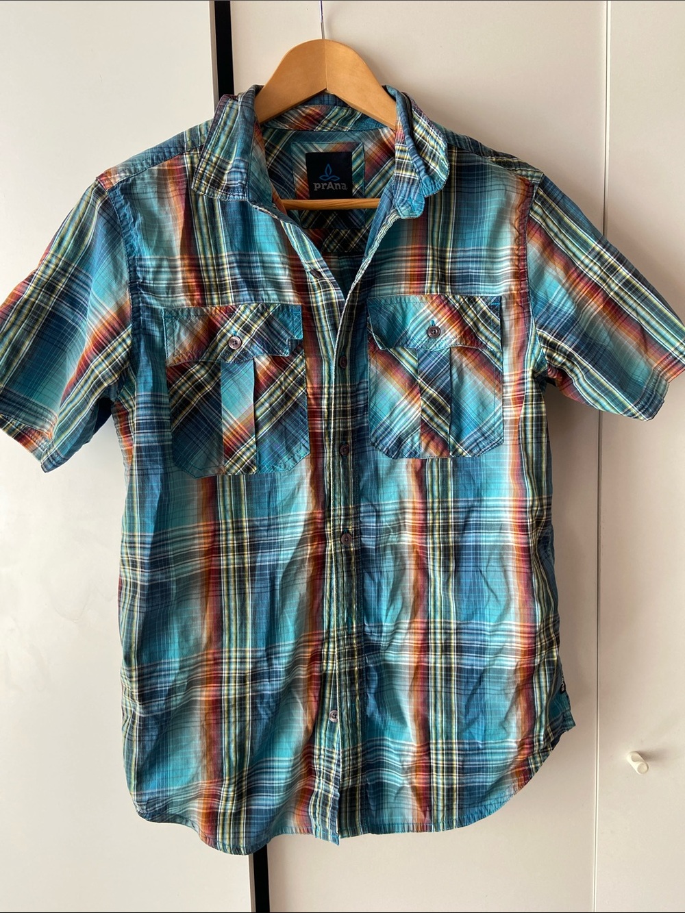 prAna Men's Turquoise Plaid Short-Sleeve Button-Down Shirt